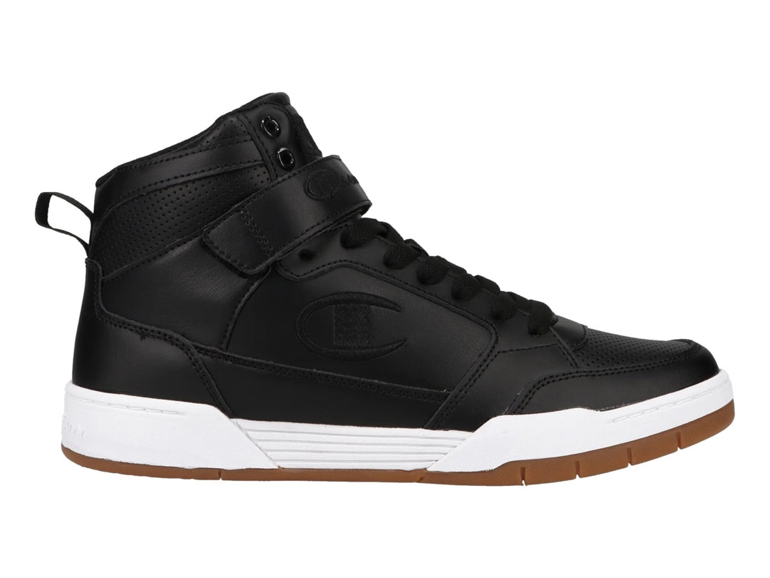 Tenis Champion Arena Power HI color negro con suela blanca y café, diseño de bota deportiva.