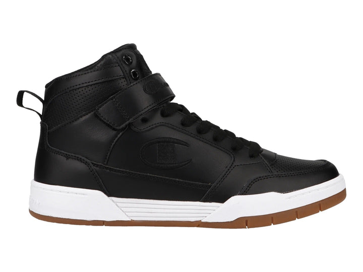 Tenis Champion Arena Power HI color negro con suela blanca y café, diseño de bota deportiva.