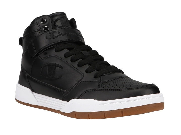 Tenis Champion Arena Power HI color negro con suela blanca y café, diseño de bota deportiva.