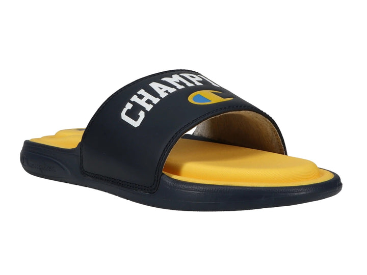Sandalia deportiva Champion Vital Arch en color azul marino y amarillo.