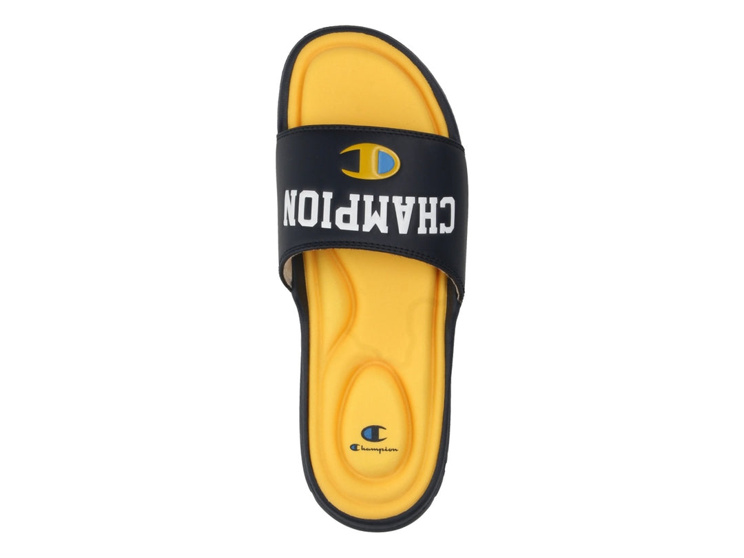 Sandalia deportiva Champion Vital Arch en color azul marino y amarillo.