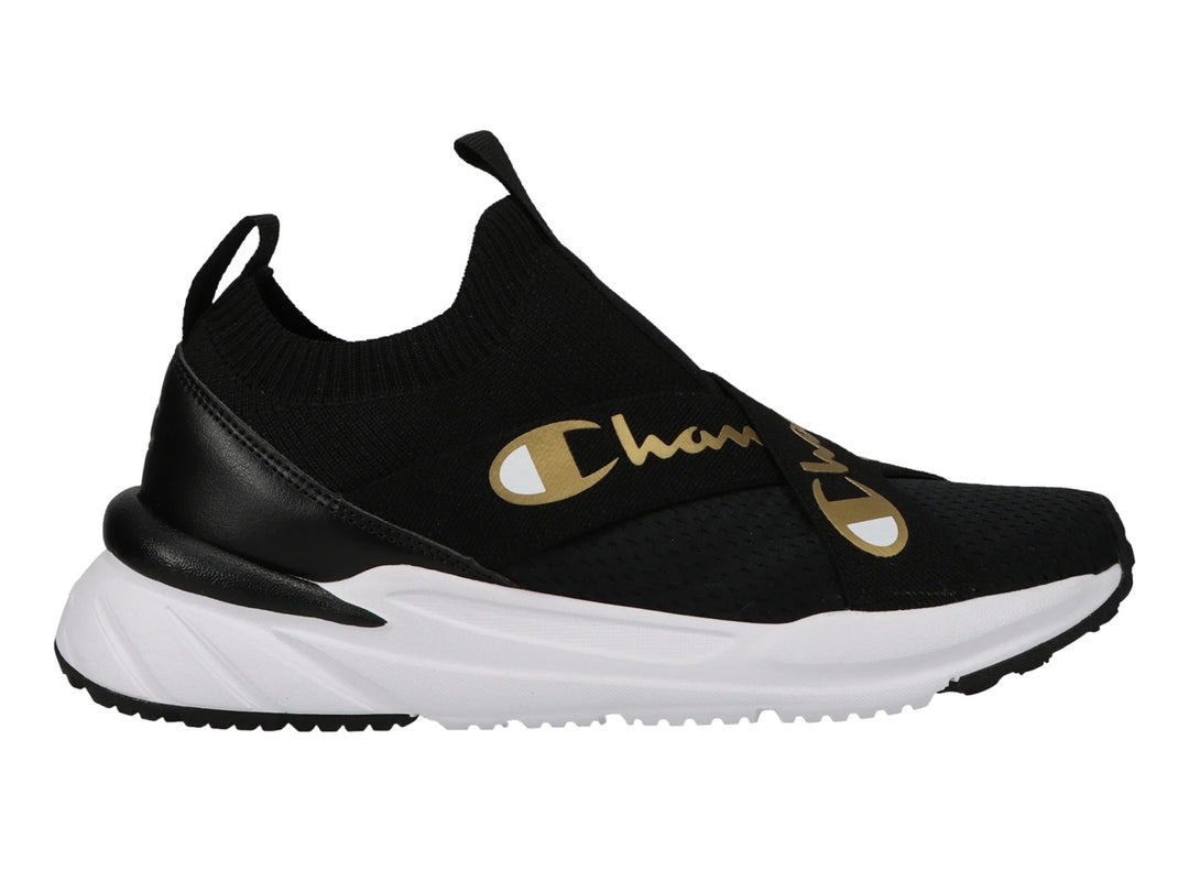 Tenis deportivos Champion color negro con suela blanca y detalles en dorado, estilo slip-on.