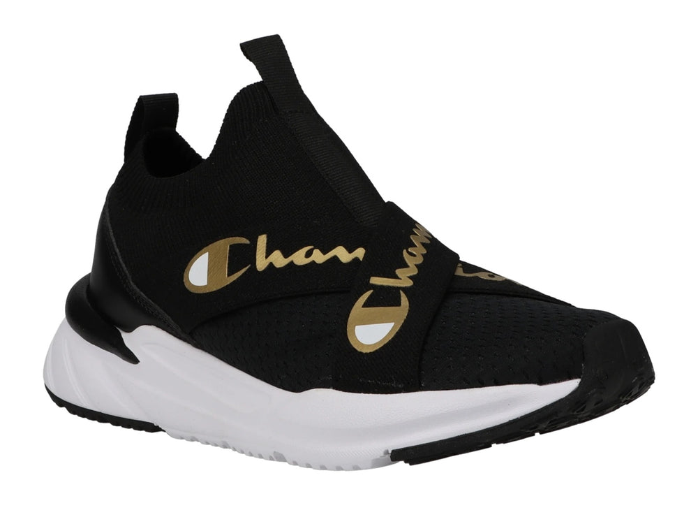 Tenis deportivos Champion color negro con suela blanca y detalles en dorado, estilo slip-on.