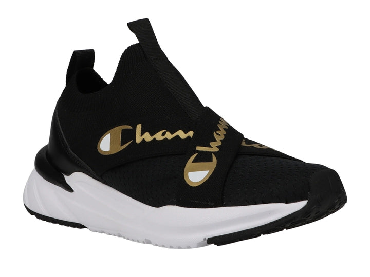 Tenis deportivos Champion color negro con suela blanca y detalles en dorado, estilo slip-on.