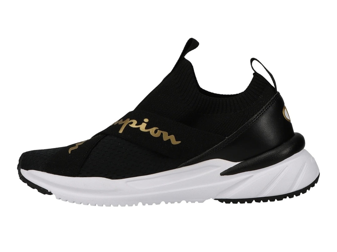 Tenis deportivos Champion color negro con suela blanca y detalles en dorado, estilo slip-on.