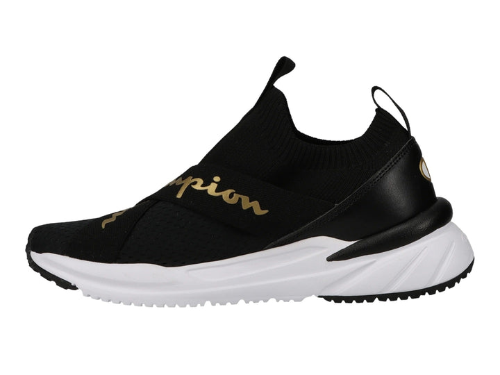 Tenis deportivos Champion color negro con suela blanca y detalles en dorado, estilo slip-on.