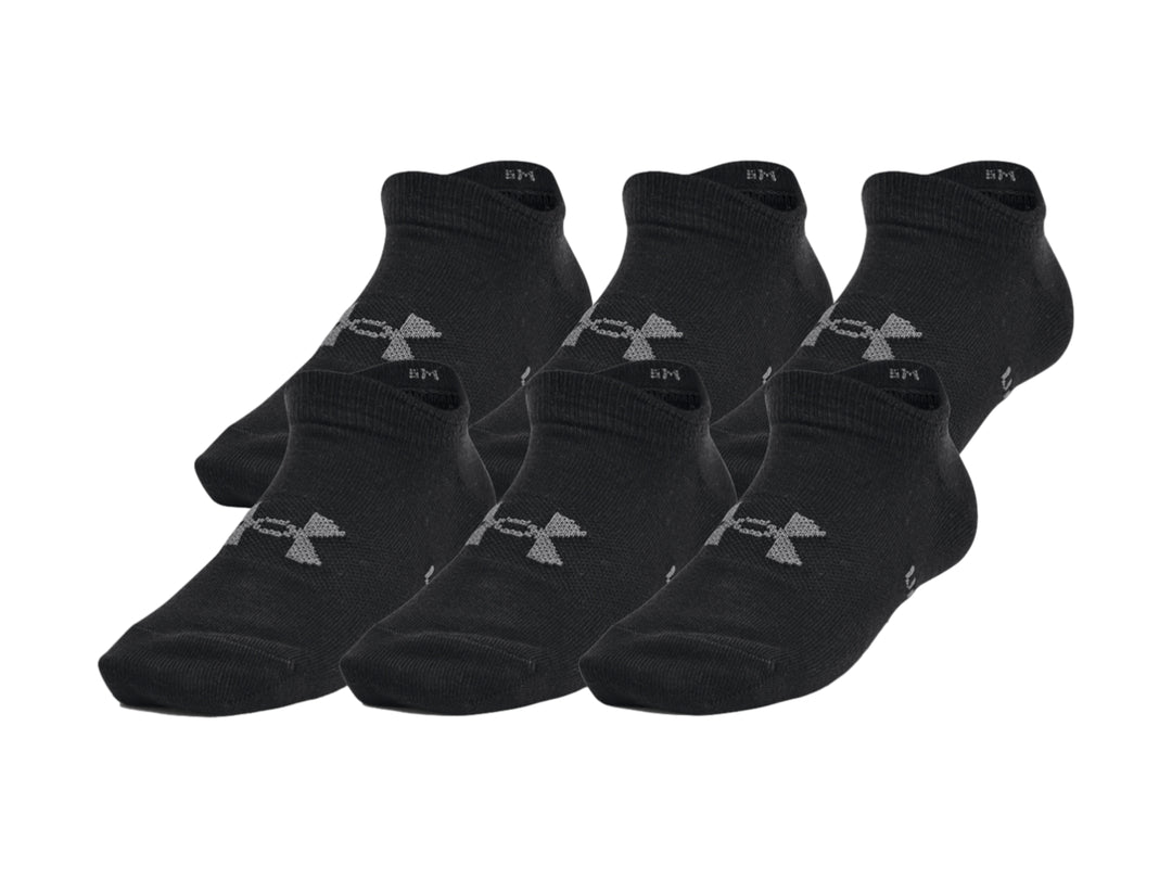 Paquete de 6 calcetines invisibles Under Armour en color negro con logotipo gris.