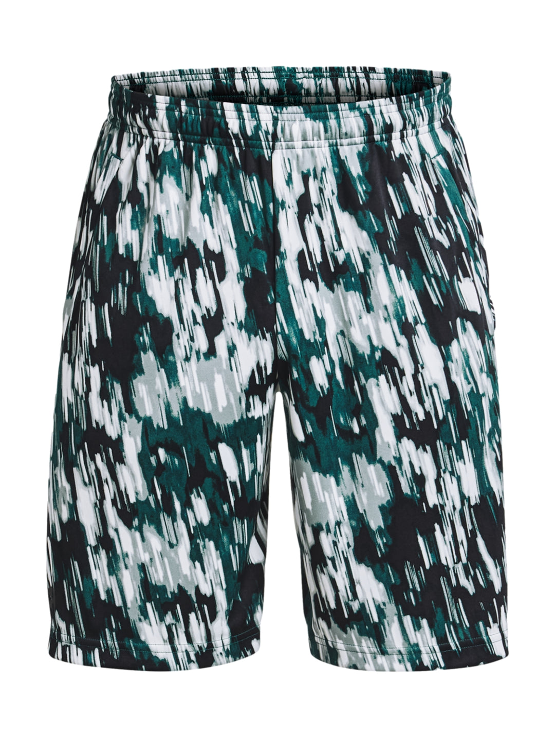 Shorts deportivos Under Armour con estampado abstracto en tonos verdes y blanco.