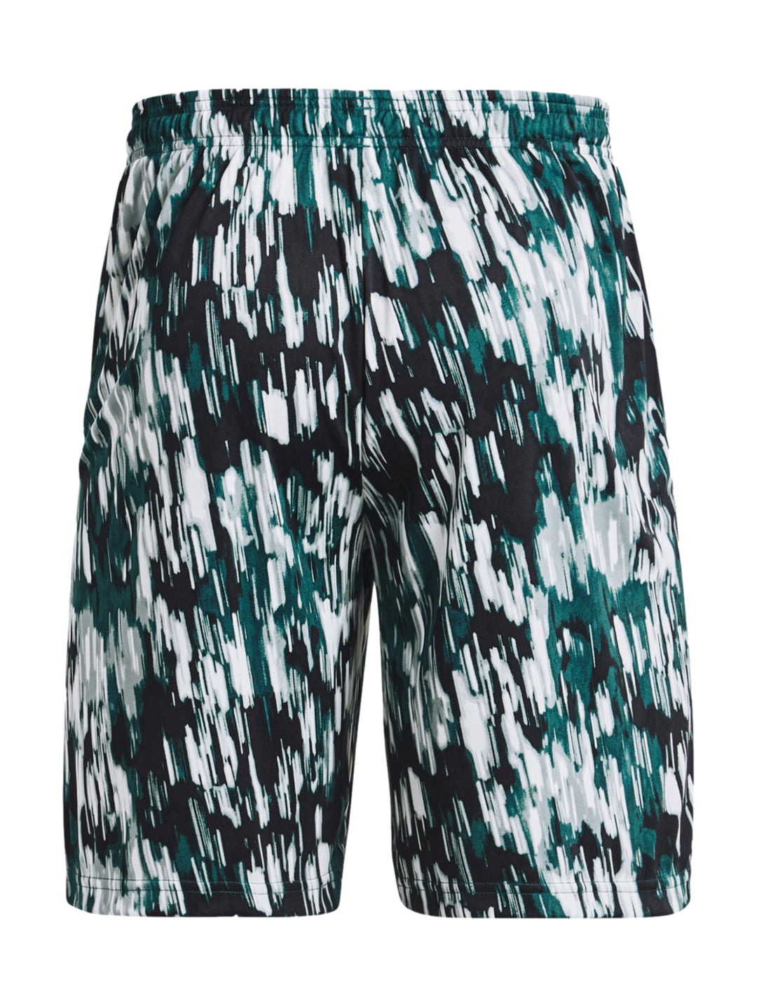 Shorts deportivos Under Armour con estampado abstracto en tonos verdes y blanco.