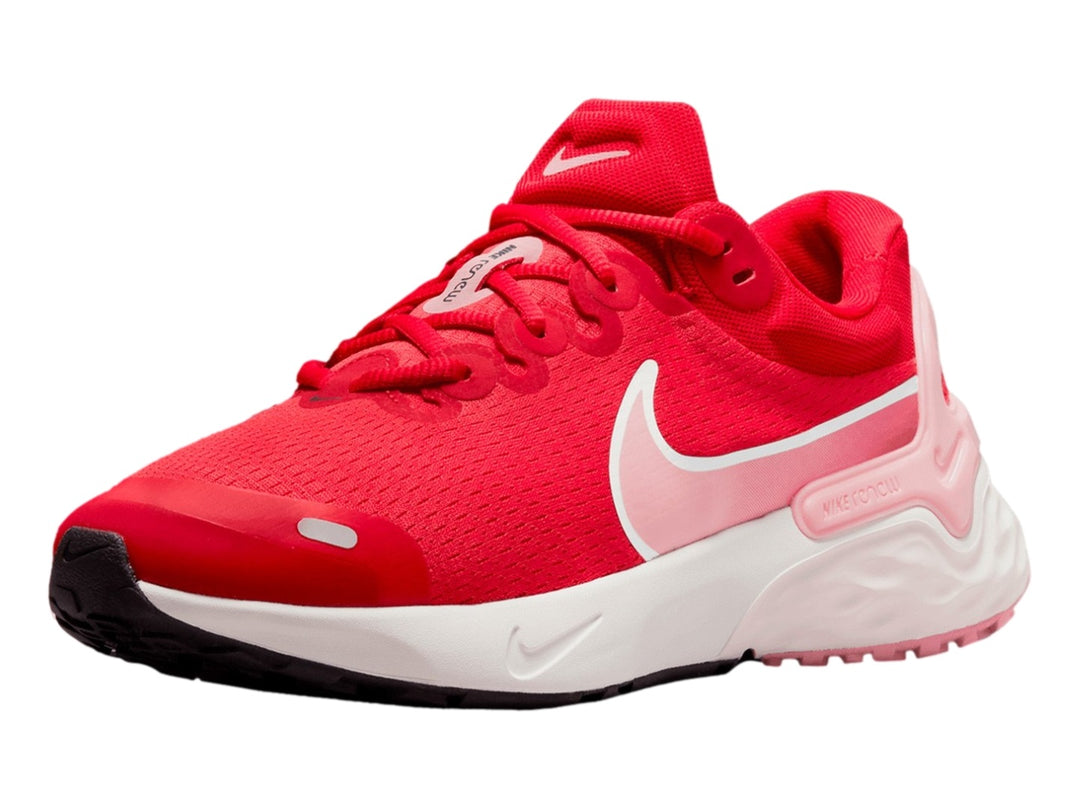 Tenis Nike Renew Run 3 color rojo con logotipo rosa y suela blanca.