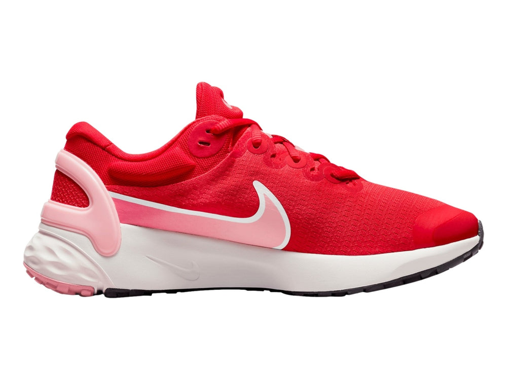 Tenis Nike Renew Run 3 color rojo con logotipo rosa y suela blanca.