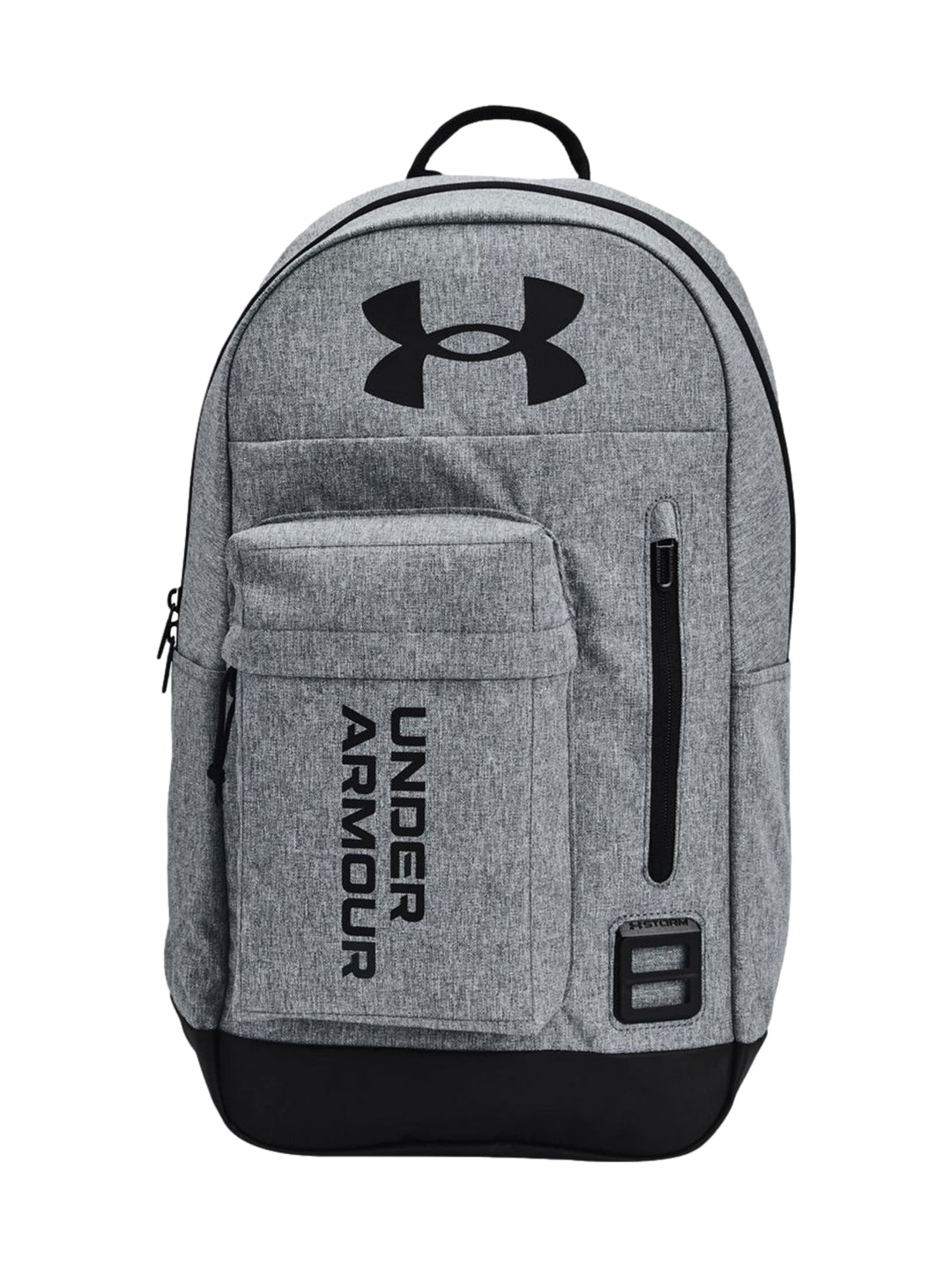 Mochila Under Armour color gris con base y detalles en negro, incluye bolsillo frontal y logotipo central.
