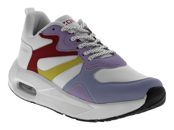 Tenis deportivos blancos con detalles en morado, rojo y amarillo para mujer.