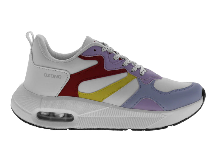 Tenis deportivos blancos con detalles en morado, rojo y amarillo para mujer.