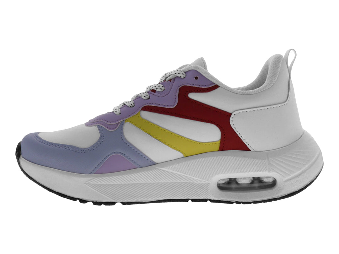 Tenis deportivos blancos con detalles en morado, rojo y amarillo para mujer.