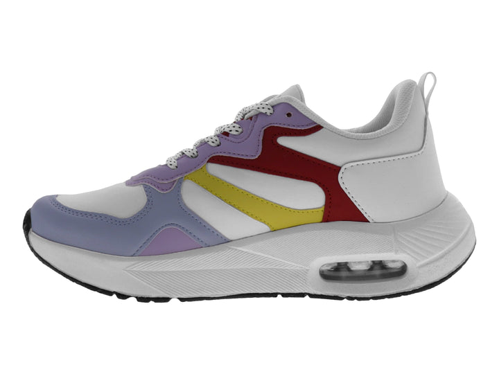 Tenis deportivos blancos con detalles en morado, rojo y amarillo para mujer.