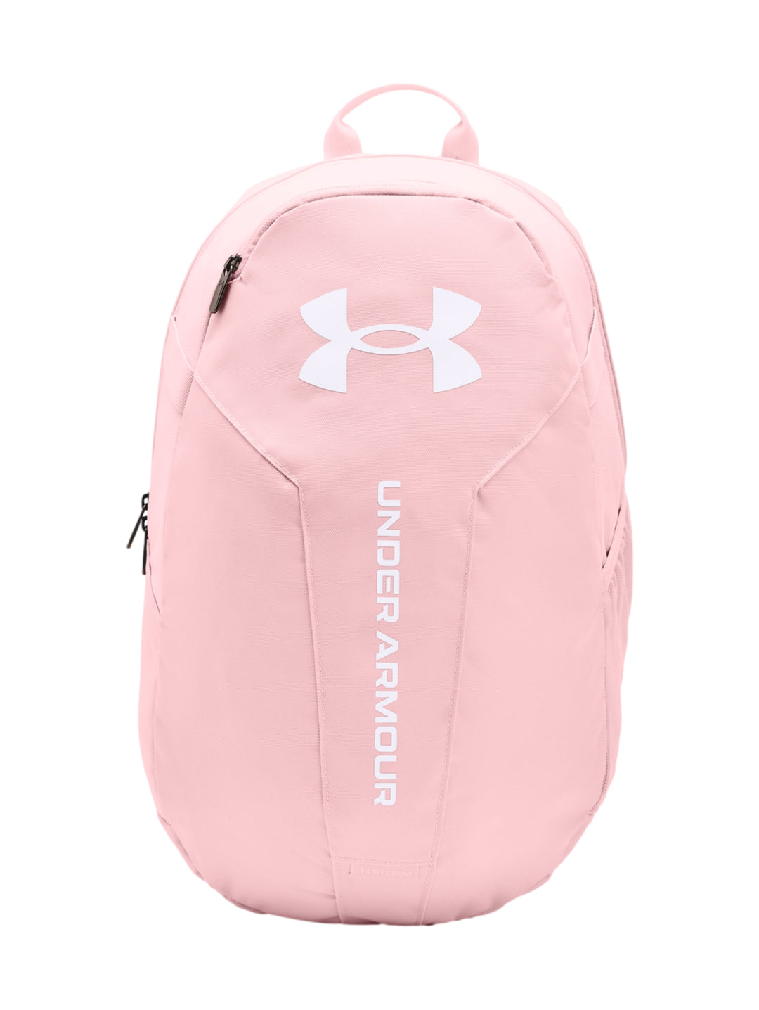 Mochila Under Armour Hustle Lite en color rosa con logotipo blanco frontal.
