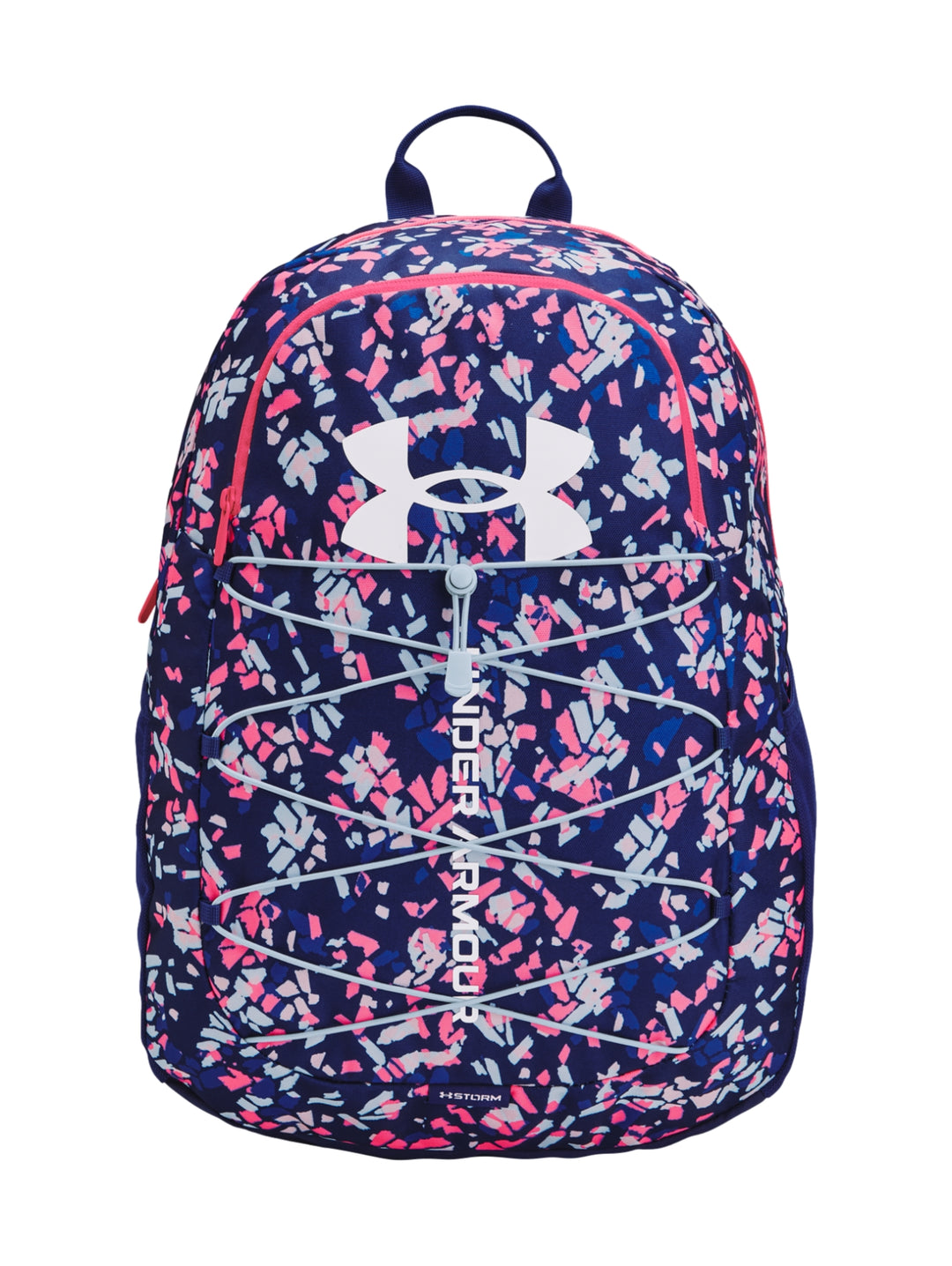Mochila Under Armour Hustle Sport con estampado multicolor en azul, rosa y blanco y logotipo frontal blanco.