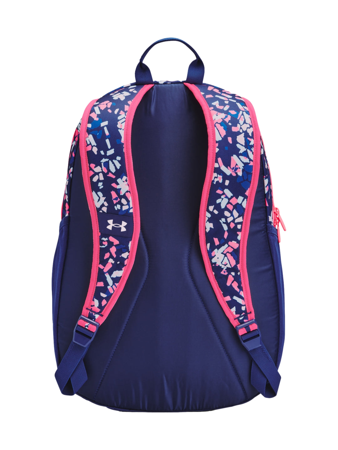 Mochila Under Armour Hustle Sport con estampado multicolor en azul, rosa y blanco y logotipo frontal blanco.