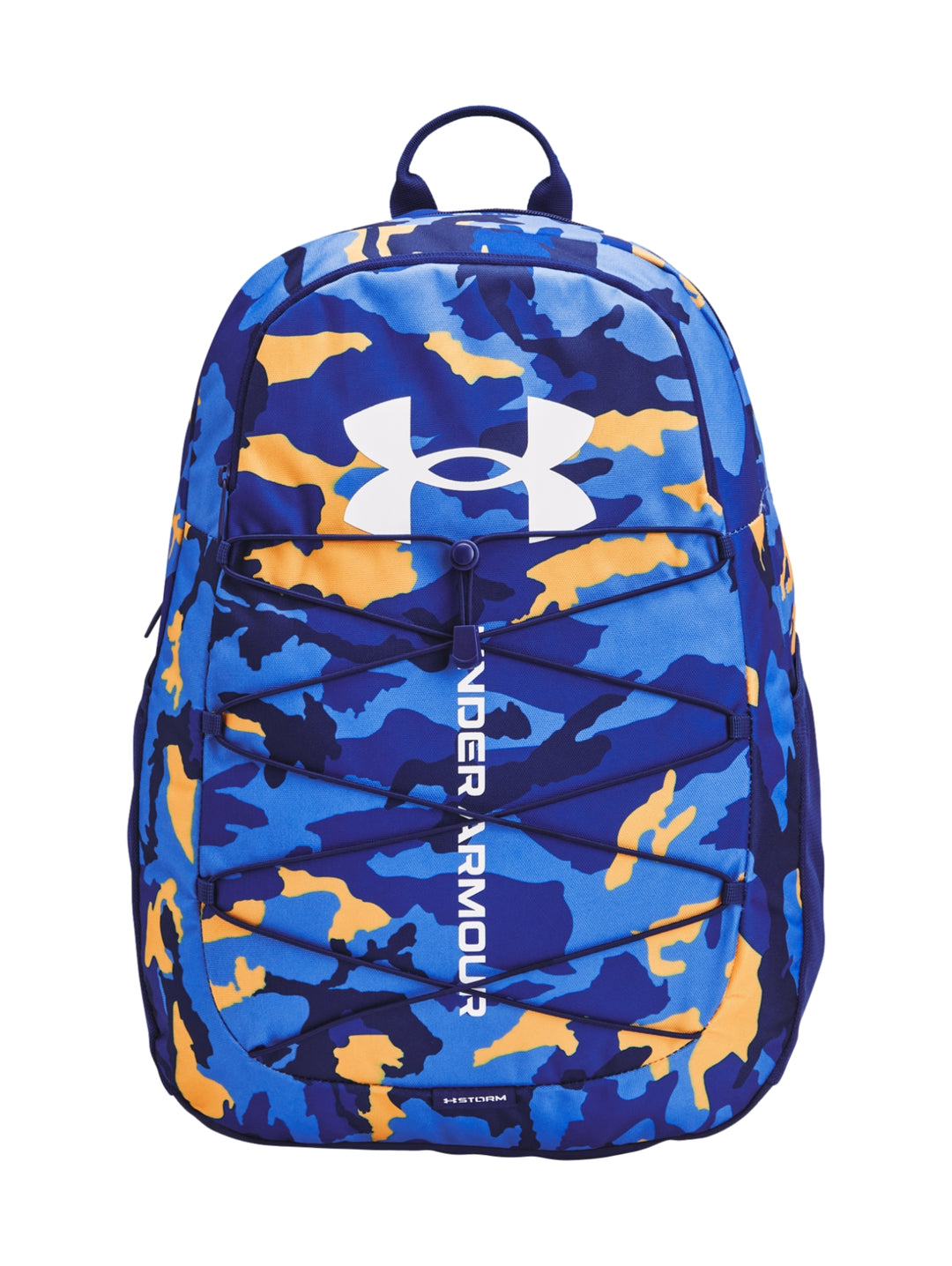Mochila Under Armour con estampado de camuflaje en colores azul y amarillo, con logotipo blanco frontal.