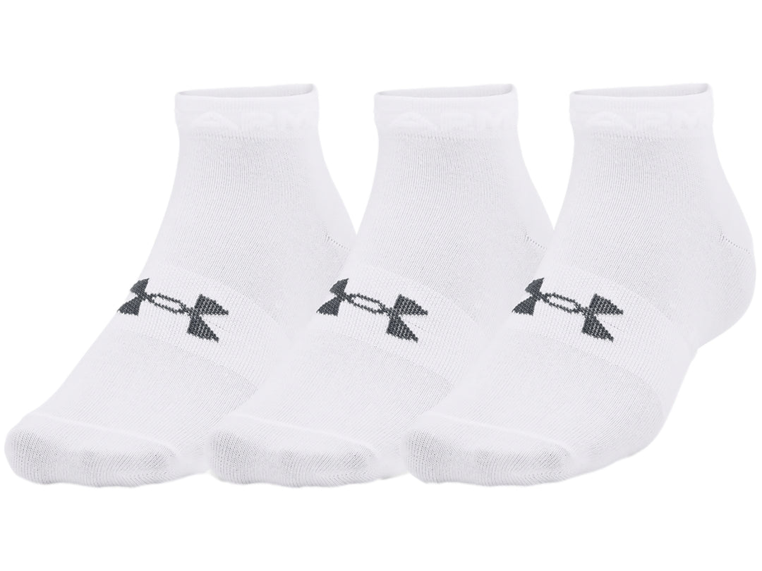 Paquete de tres pares de calcetines deportivos blancos Under Armour de corte bajo con logotipo negro en el empeine.