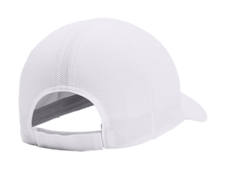 Gorra deportiva Under Armour de color blanco con logotipo gris en el frente y visera curva.