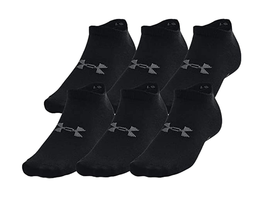Paquete de 6 calcetines cortos Under Armour en color negro con logotipo gris.