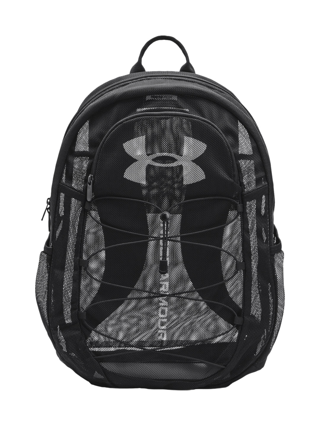 Mochila deportiva Under Armour color negro con diseño de malla frontal y logotipo central.