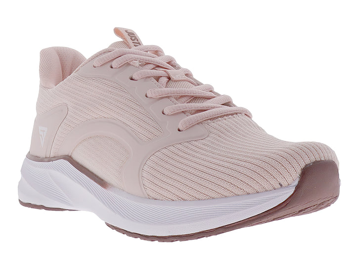 Tenis deportivos Justart en color rosa con suela blanca y agujetas coordinadas.
