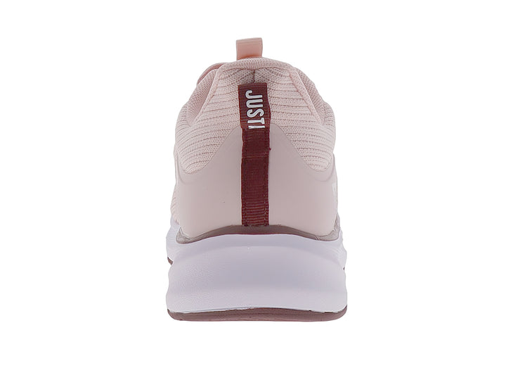 Tenis deportivos Justart en color rosa con suela blanca y agujetas coordinadas.