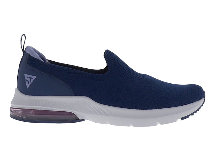 Tenis deportivos Justart color azul marino con suela blanca y cámara de aire en el talón, diseño sin cordones.