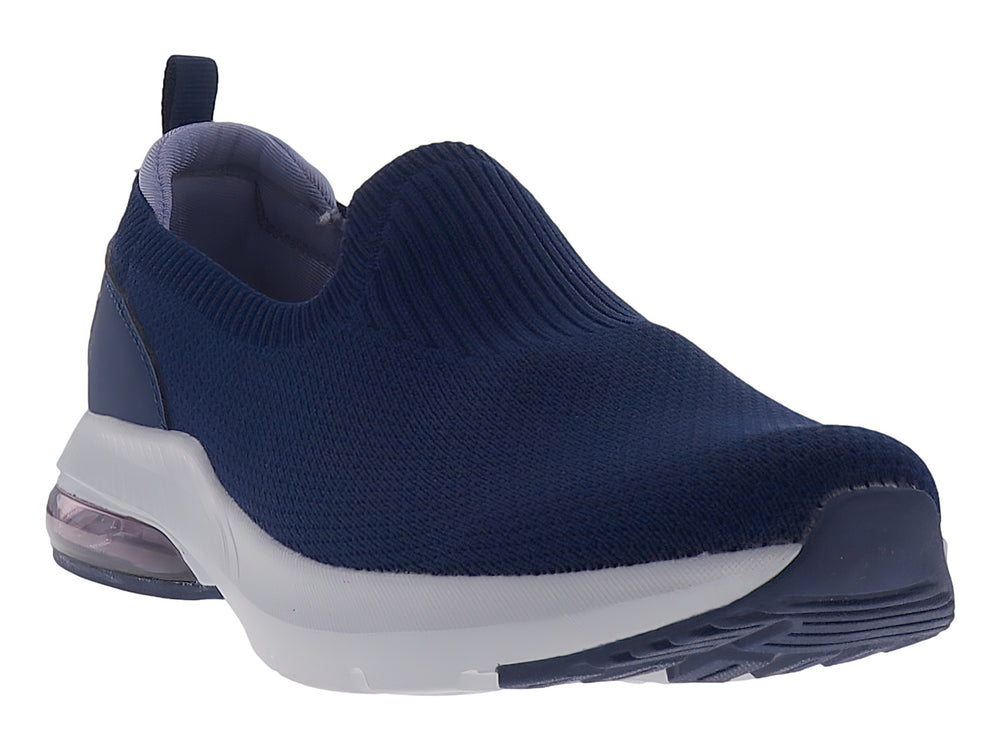 Tenis deportivos Justart color azul marino con suela blanca y cámara de aire en el talón, diseño sin cordones.