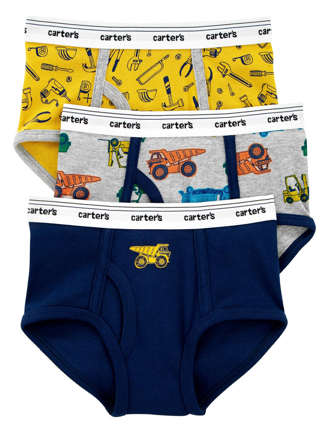 Set de 3 calzoncillos bóxer para niño en colores amarillo, gris y azul marino con estampados temáticos.