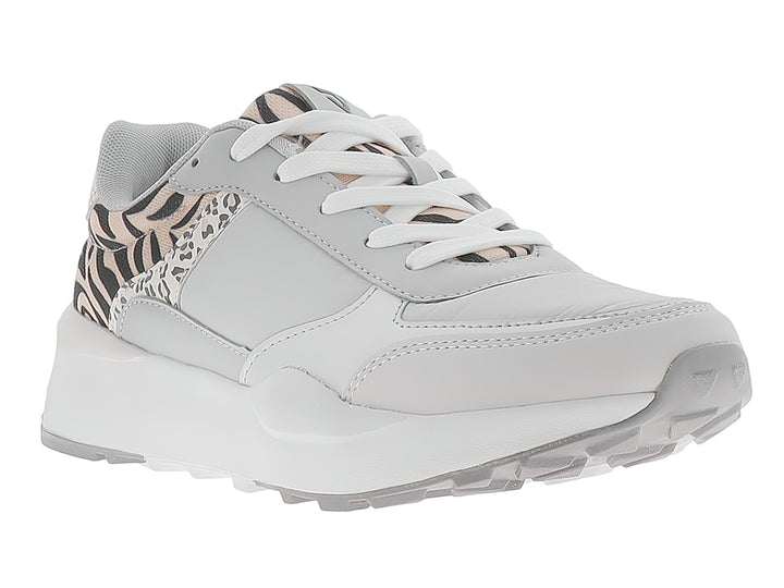 Tenis deportivos color gris con detalles de animal print en el talón y suela blanca.