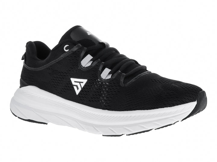 Tenis de baloncesto JUSTART color negro con suela blanca y tejido transpirable.