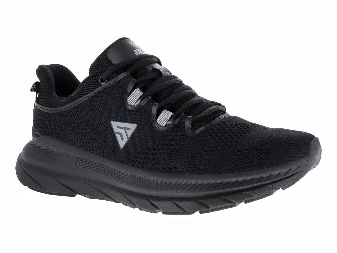 Tenis de baloncesto Justart color negro con detalles en gris y suela robusta.