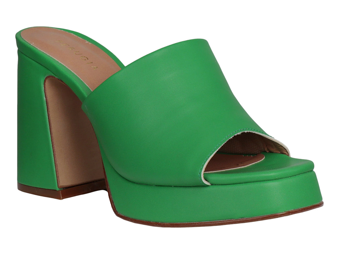 Sandalia de plataforma color verde con tacón grueso y diseño minimalista sobre fondo blanco.