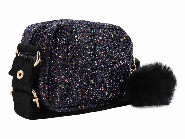 Bolso pequeño color negro con acabado de brillos multicolores y un pompón decorativo lateral.