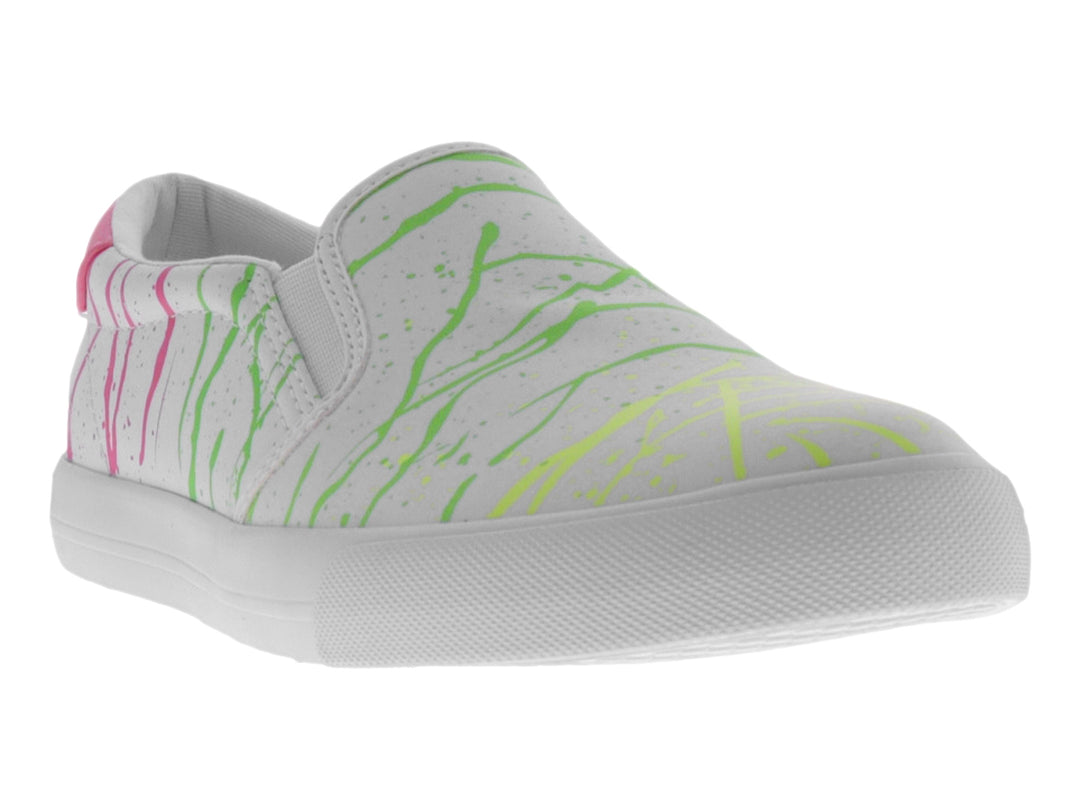 Zapato slip-on blanco con diseño de salpicaduras en colores verde, rosa y amarillo y suela blanca.