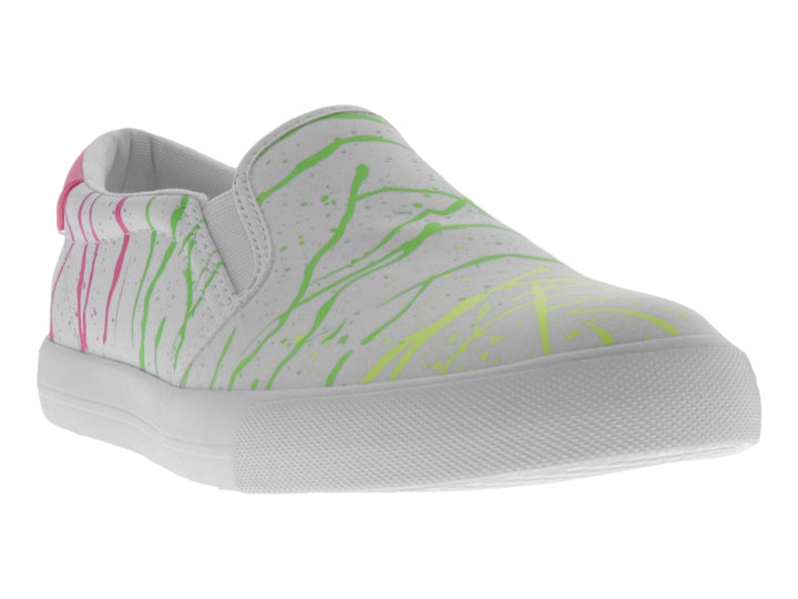 Zapato slip-on blanco con diseño de salpicaduras en colores verde, rosa y amarillo y suela blanca.