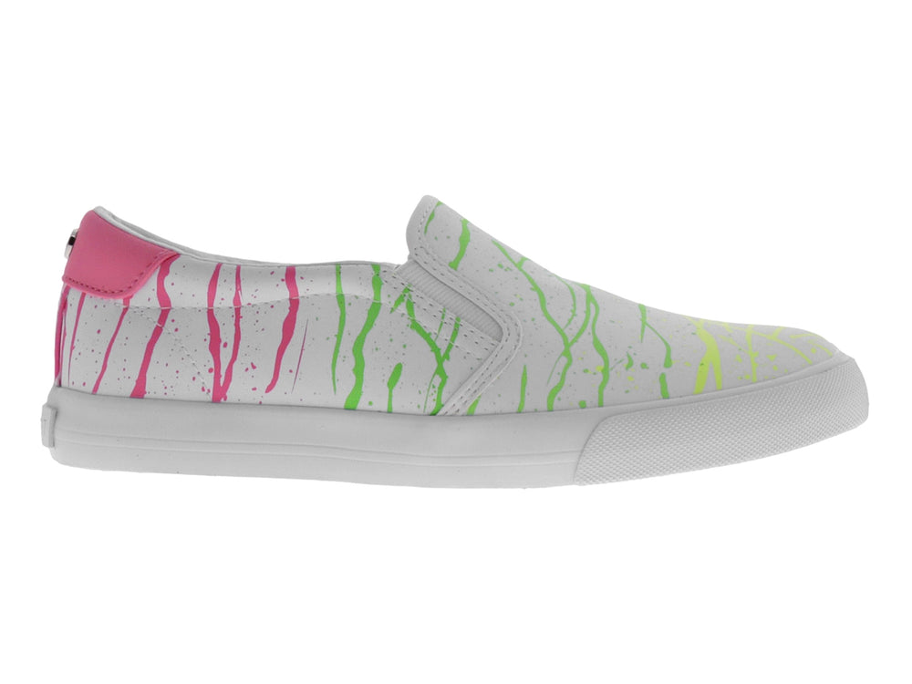 Zapato slip-on blanco con diseño de salpicaduras en colores verde, rosa y amarillo y suela blanca.