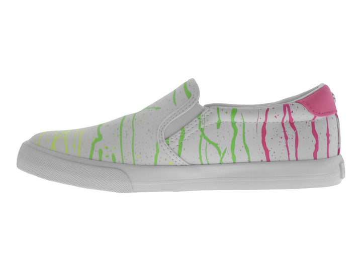 Zapato slip-on blanco con diseño de salpicaduras en colores verde, rosa y amarillo y suela blanca.