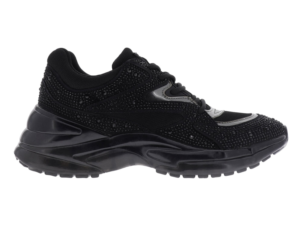 Tenis deportivos Guess color negro con detalles de brillantes y suela gruesa.