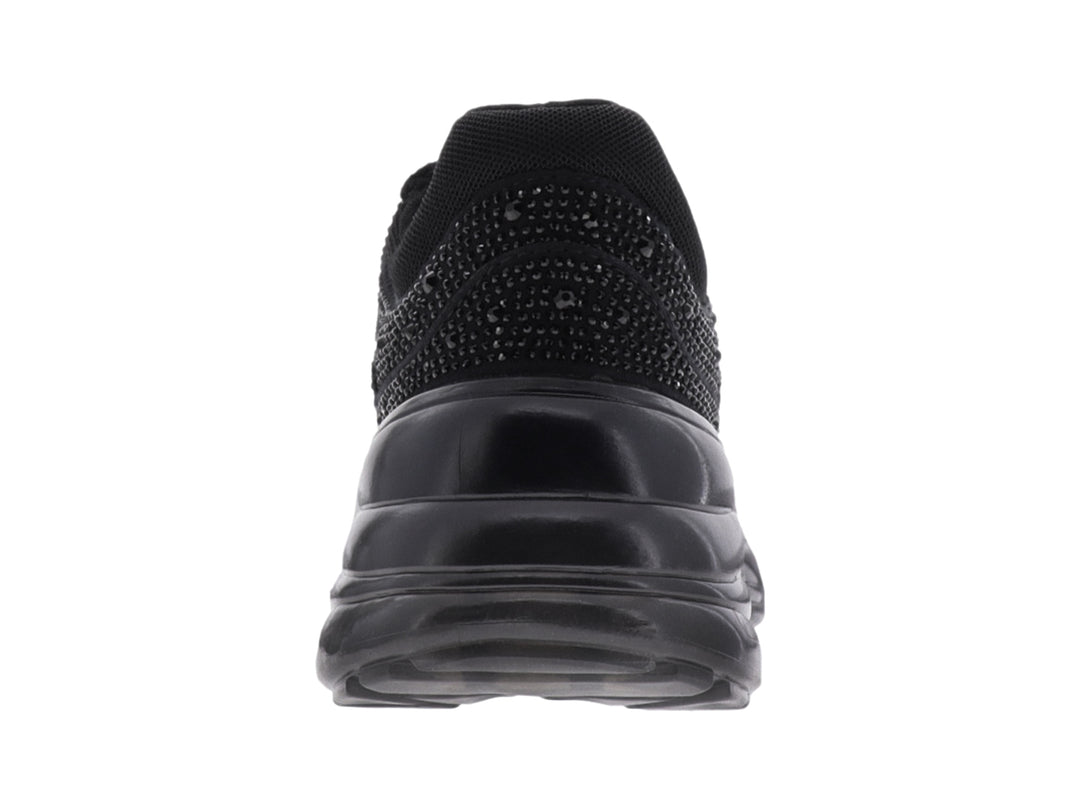 Tenis deportivos Guess color negro con detalles de brillantes y suela gruesa.