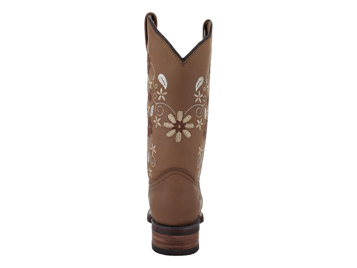 Bota vaquera para mujer en color tan con bordados florales blancos y marrones en la caña.