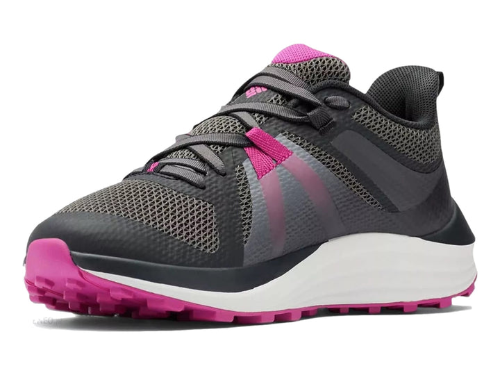 Tenis deportivos Columbia color negro y rosa fucsia con suela blanca y detalles en malla.