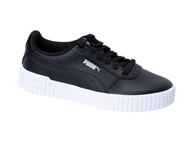 Tenis PUMA Carina 2.0 en color negro con suela de plataforma blanca y detalles plateados.