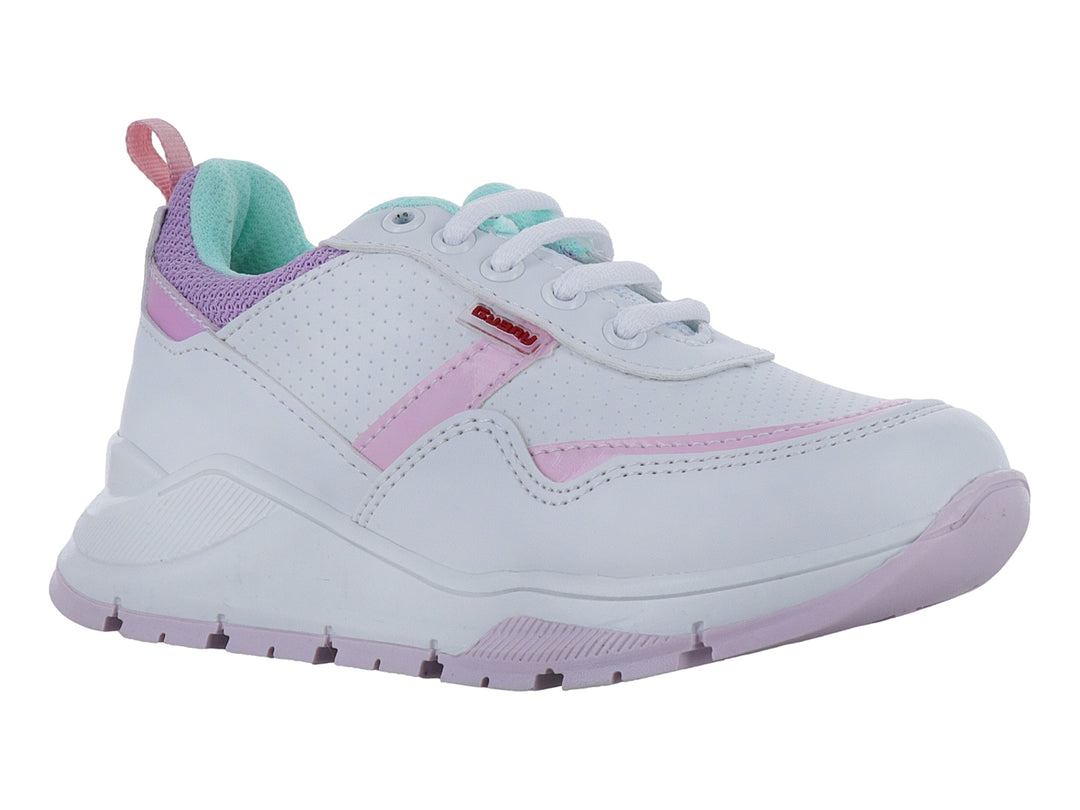 Tenis deportivos blancos para niña con detalles en rosa y aqua.