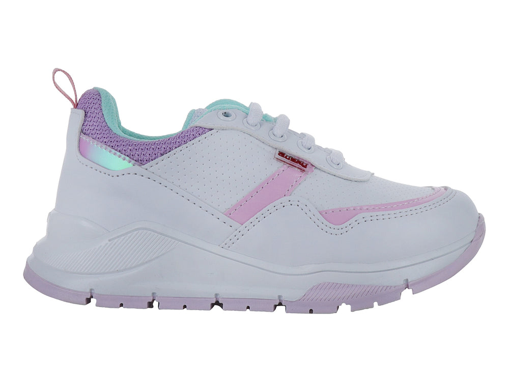 Tenis deportivos blancos para niña con detalles en rosa y aqua.