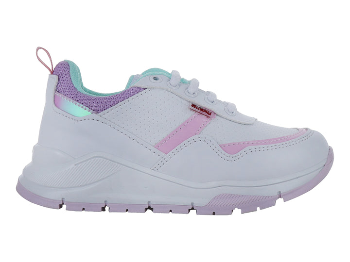 Tenis deportivos blancos para niña con detalles en rosa y aqua.